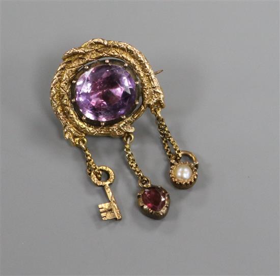 A Victorian yellow metal, amethyst, seed pearl and garnet? set drop engagement brooch, drop 32mm.